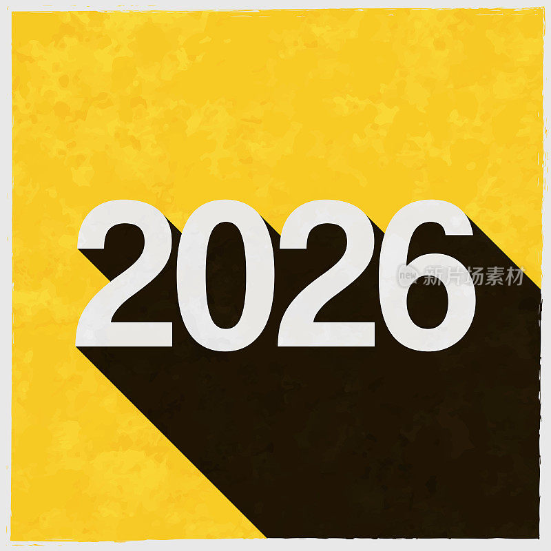 2026 - 2026年。图标与长阴影的纹理黄色背景